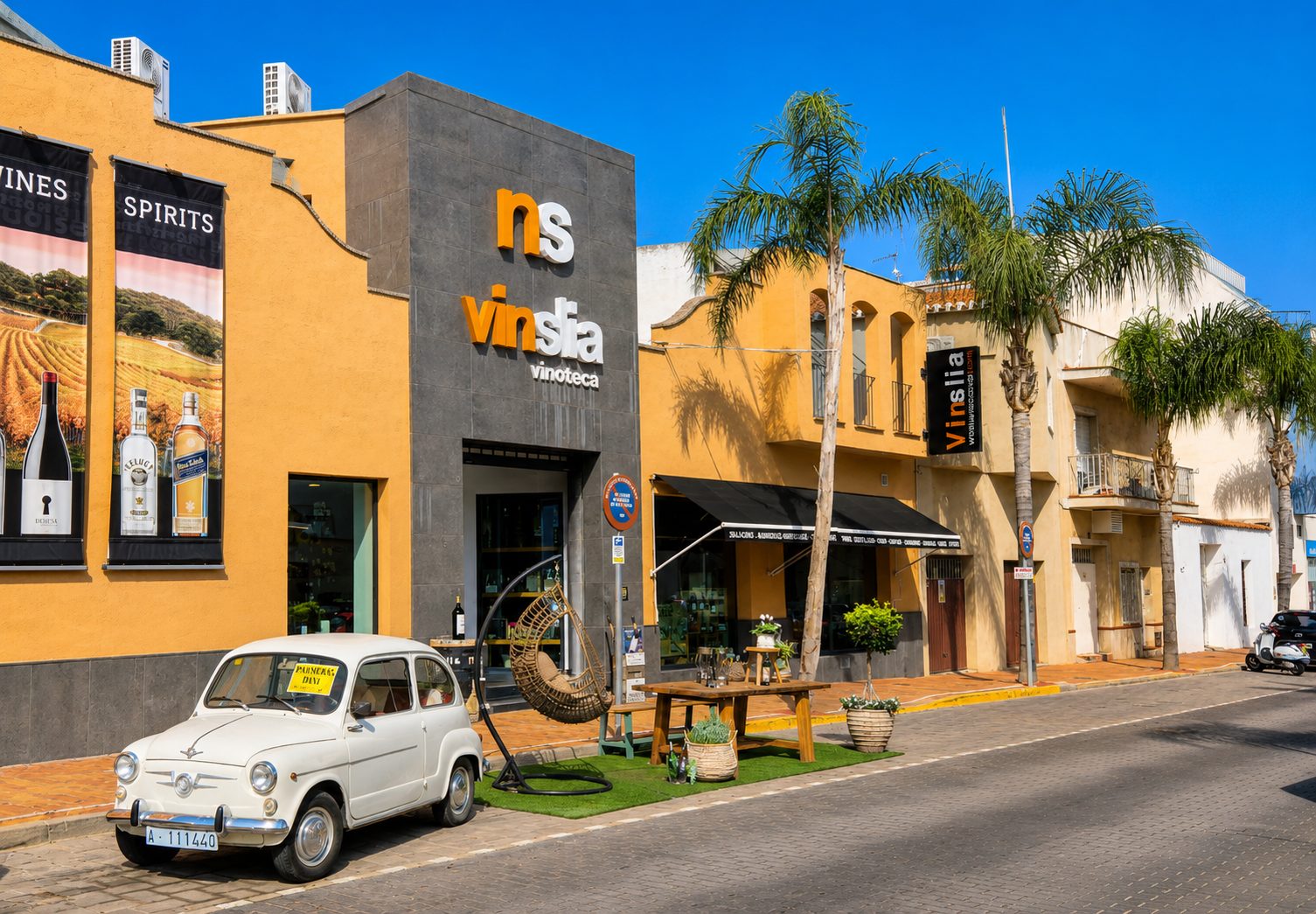 PARK(ing) amb mobiliari i plantes davant d'un comerç